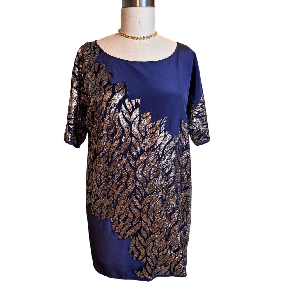 Vintage Couture Dress Womens P Blue Karen ZambosExcellent Gold Sequin Leaf Mini